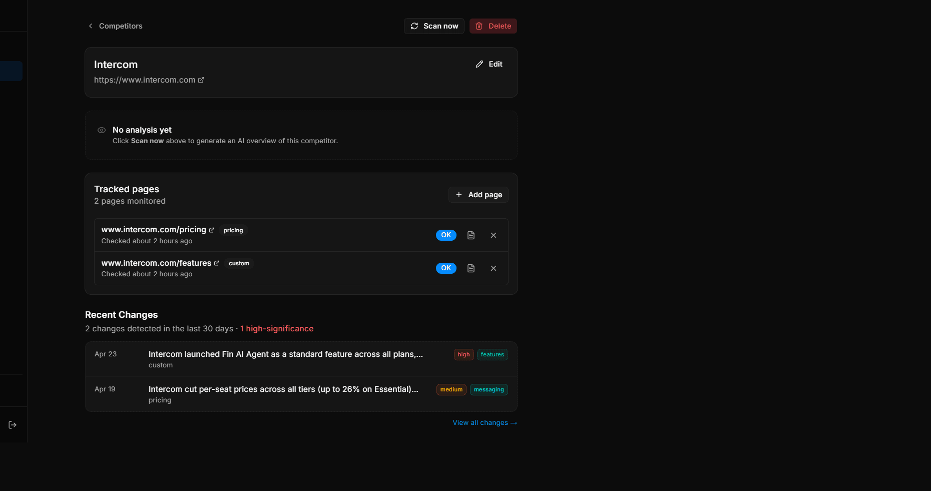 InduWatch competitor detail showing tracked pages and recent changes
